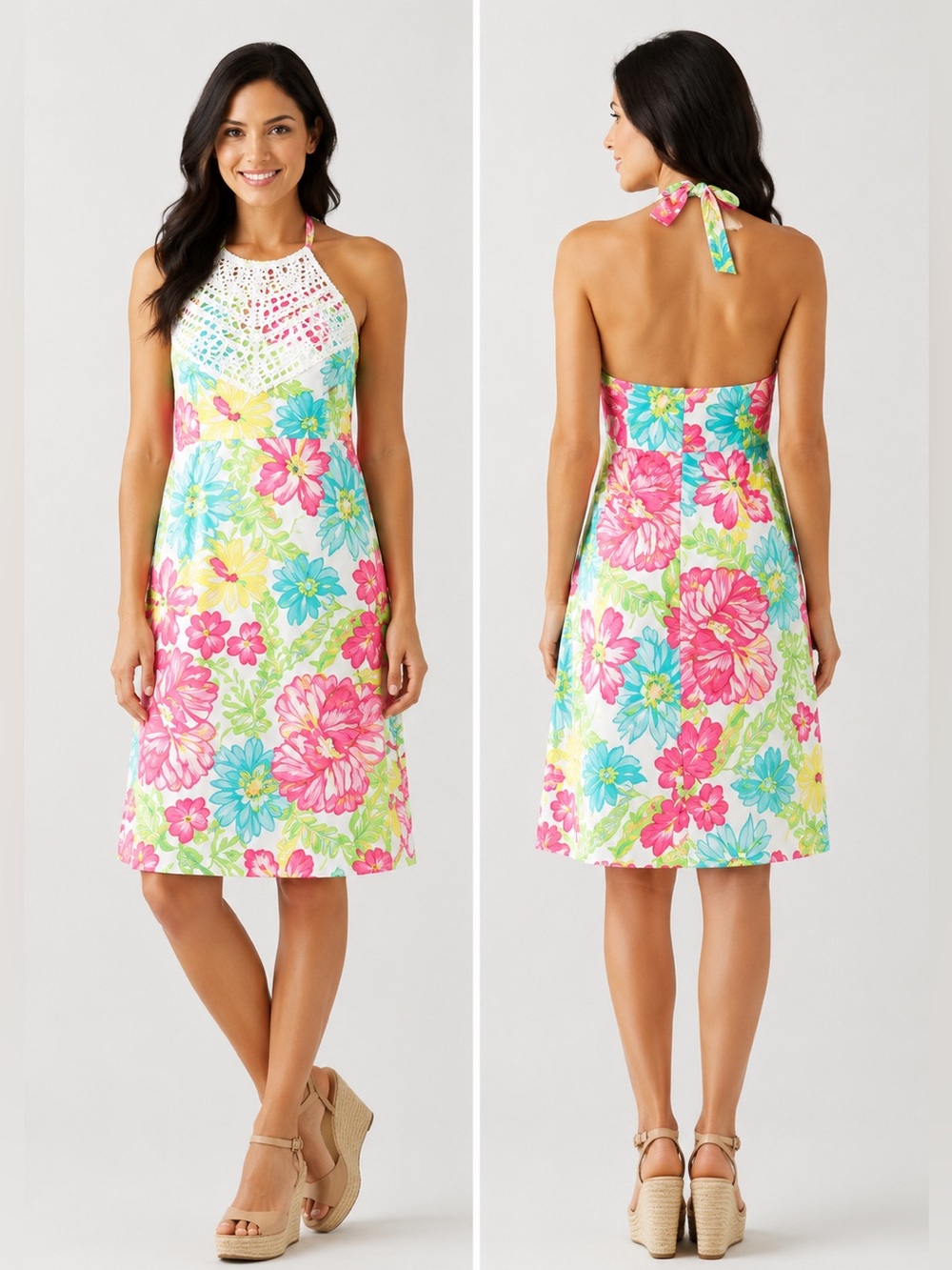 Lilly Pulitzer Brighton Halter Dress Floral Crochet Neck Women’s Size 4 Resort
